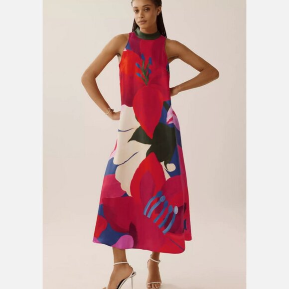 Farm Rio Anthropologie Halter Maxi Dress Floral Watercolor Size XL NWT - Picture 3 of 5